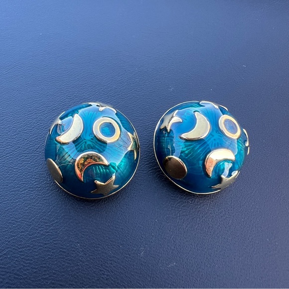 KJL by Kenneth Jay Lane Blue and Gold Moon, Star & Sun Clip Dome Earrings - Picture 3 of 4